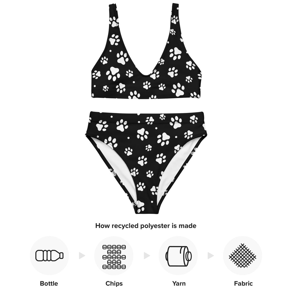 Women's Black & White Paw Print Padded Recycled Bikini - Quick Drying Fabric With UPF 50+