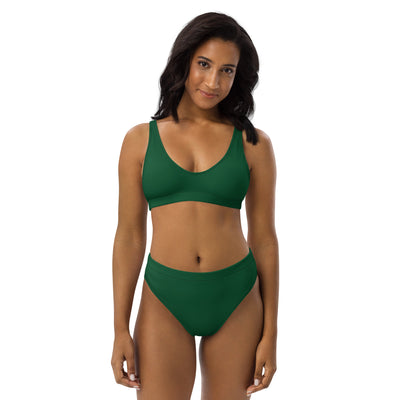 Women’s dark green padded recycled two-piece bikini with supportive bra top and high-waisted bottoms quick drying fabric upf 50+