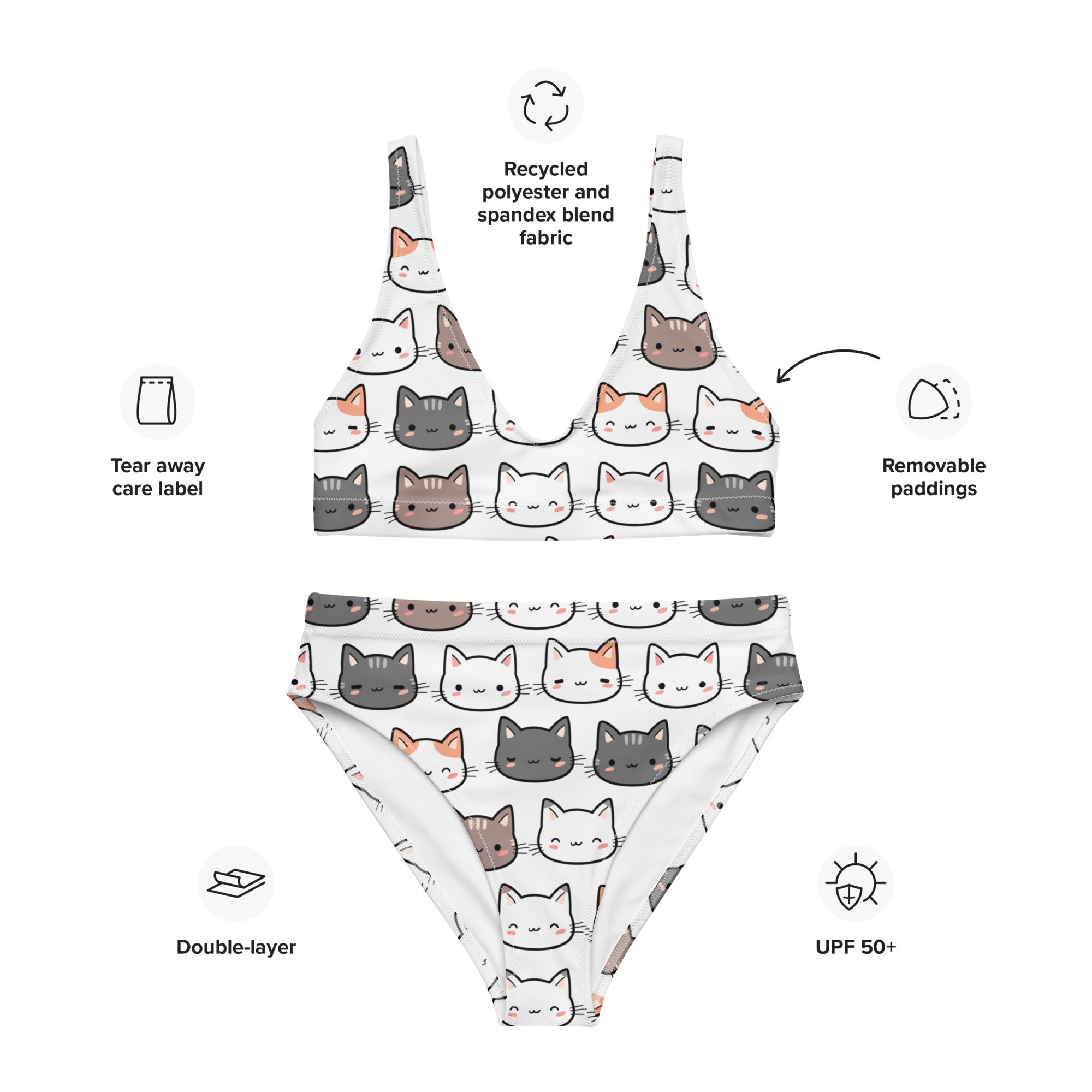 Women's Cat Padded Recycled Bikini - Quick Drying Fabric With UPF 50+