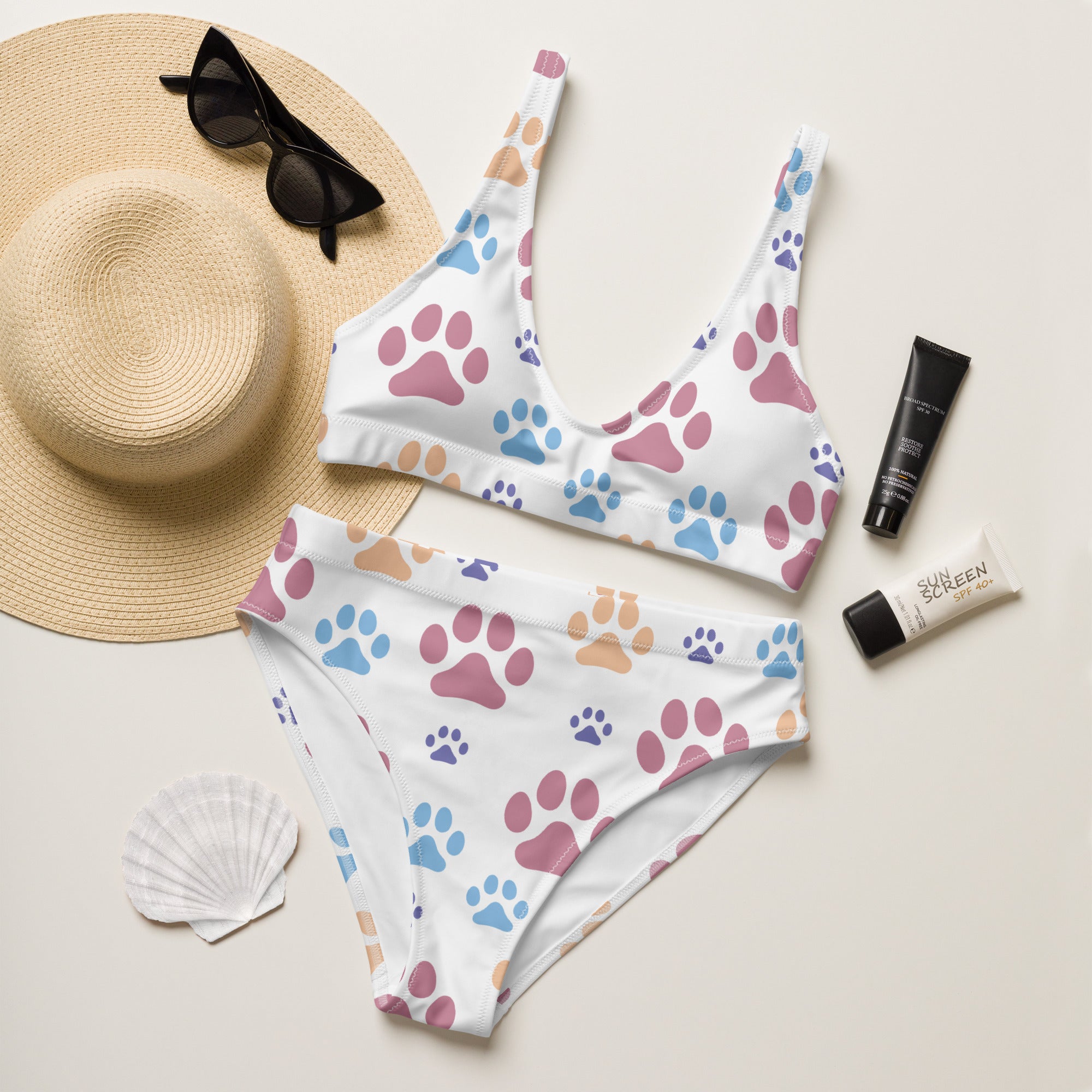 Women's Colorful Paw Prints Padded Recycled Bikini - Quick Drying Fabric With UPF 50+
