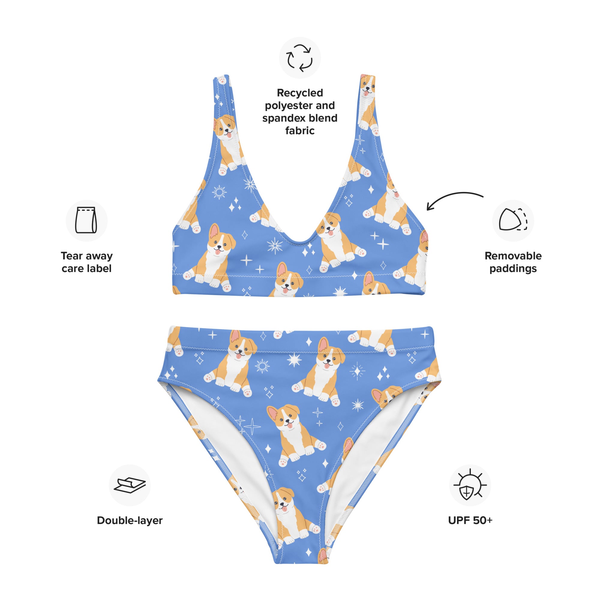 Women's Blue Corgi Dog Padded Recycled Bikini - Quick Drying Fabric With UPF 50+