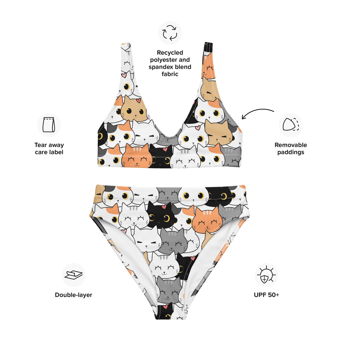Women's Cat Face Padded Recycled Bikini - Quick Drying Fabric With UPF 50+