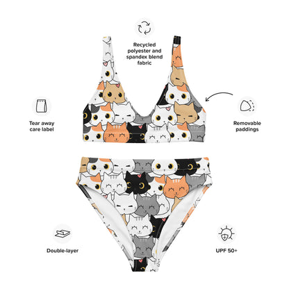 Women's Cat Face Padded Recycled Bikini - Quick Drying Fabric With UPF 50+