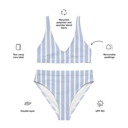 Women's Blue & White Striped Padded Recycled Bikini - Quick Drying Fabric With UPF 50+
