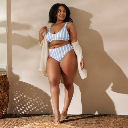 Women's Blue & White Striped Padded Recycled Bikini - Quick Drying Fabric With UPF 50+
