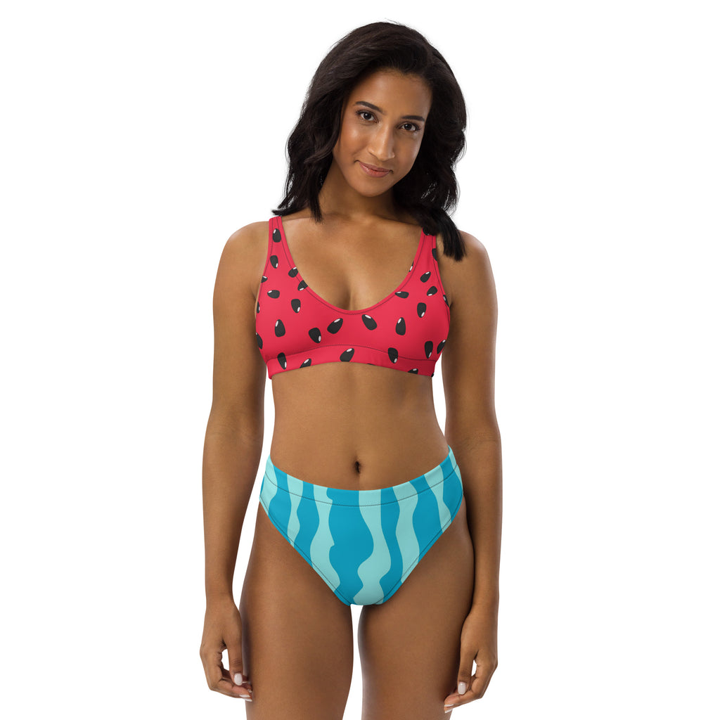A vibrant pink and teal women’s watermelon padded recycled bikini with quick drying fabric and UPF 50 plus protection