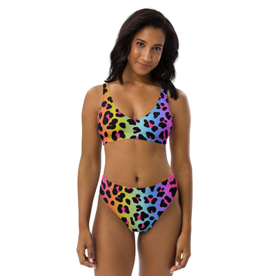 Women’s rainbow leopard padded two-piece swimsuit with black spots made from quick drying recycled fabric with UPF 50+