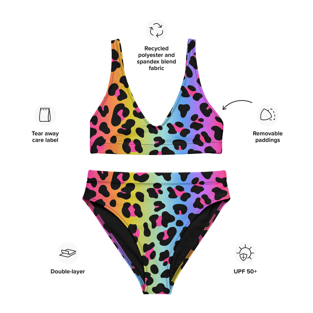 Women's Rainbow Leopard Padded Recycled Bikini - Quick Drying Fabric With UPF 50+