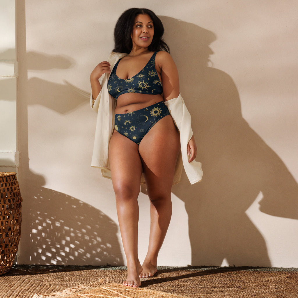 Dark blue women’s celestial sun and moon two-piece padded bikini with gold stars quick drying recycled fabric upf 50+
