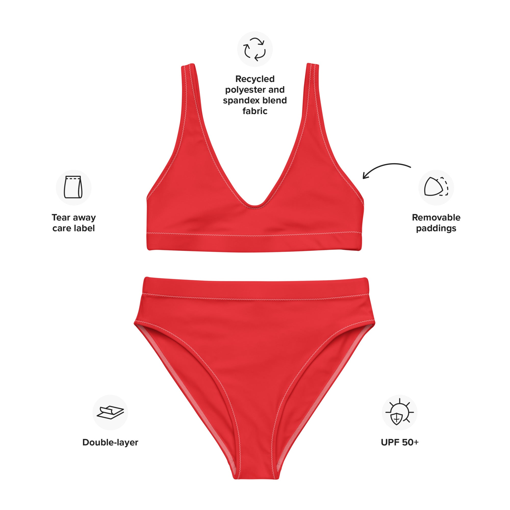 Women's Red Padded Recycled Bikini - Quick Drying Fabric With UPF 50+