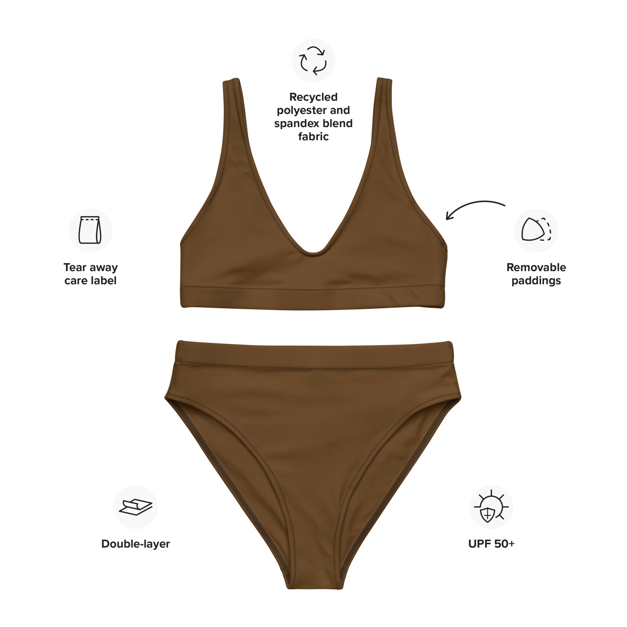 Women's Brown Padded Recycled Bikini - Quick Drying Fabric With UPF 50+