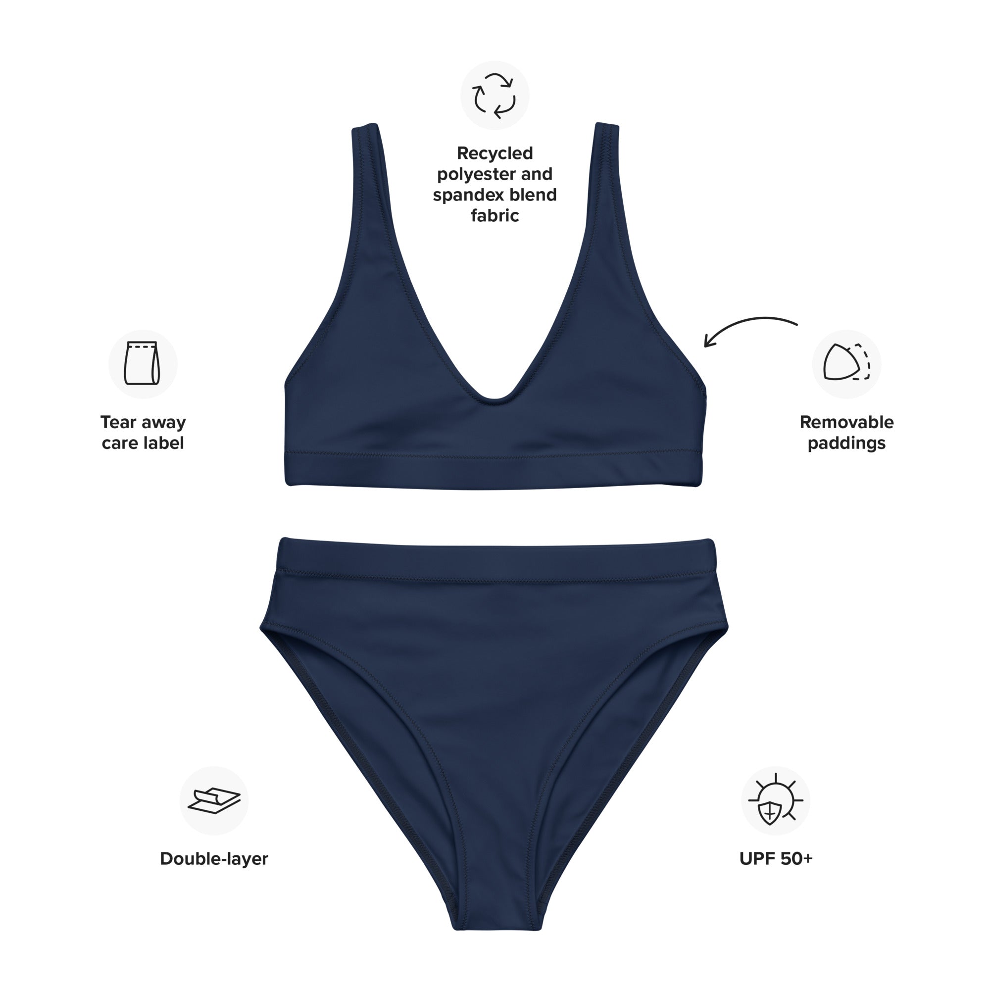 Women's Navy Blue Padded Recycled Bikini - Quick Drying Fabric With UPF 50+