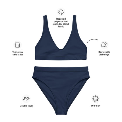 Women's Navy Blue Padded Recycled Bikini - Quick Drying Fabric With UPF 50+