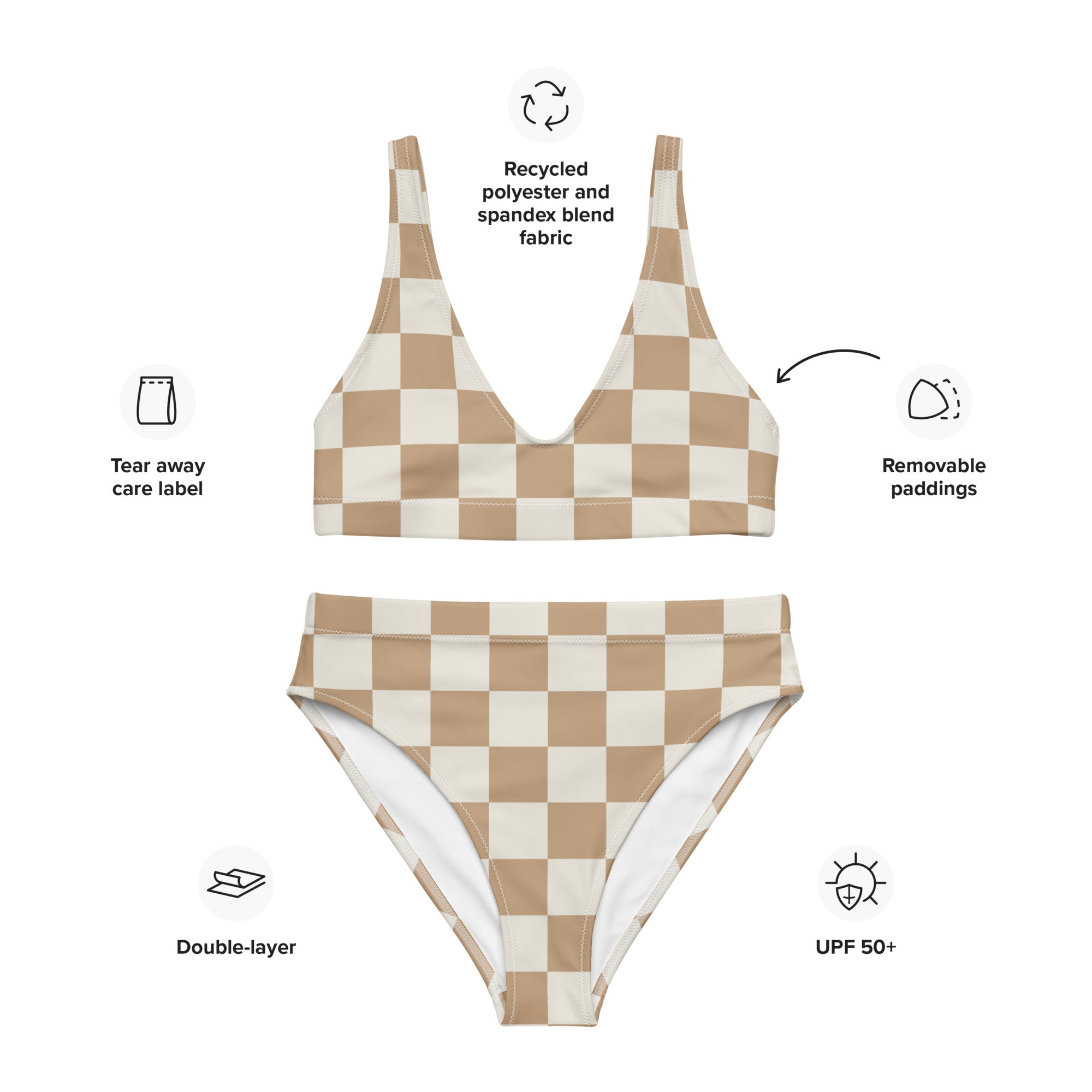 Women's Beige Checkerboard Padded Recycled Bikini - Quick Drying Fabric With UPF 50+