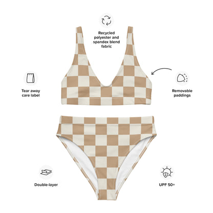 Women's Beige Checkerboard Padded Recycled Bikini - Quick Drying Fabric With UPF 50+