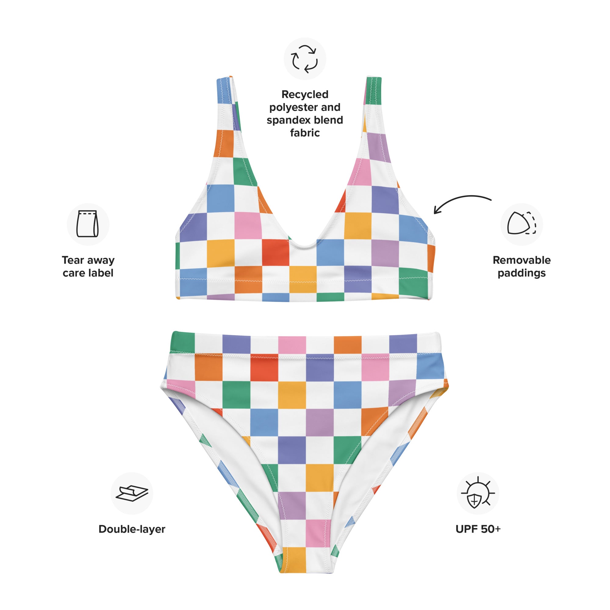 Women's Colorful Checkerboard Padded Recycled Bikini - Quick Drying Fabric With UPF 50+