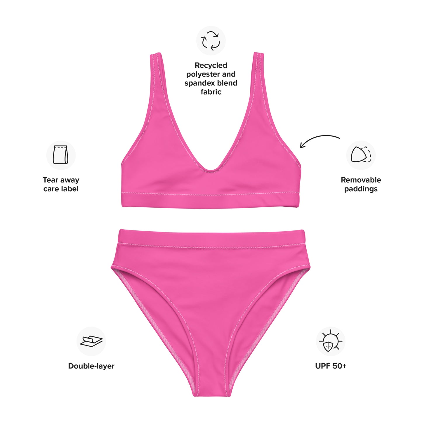 Women's Hot Pink Padded Recycled Bikini - Quick Drying Fabric With UPF 50+