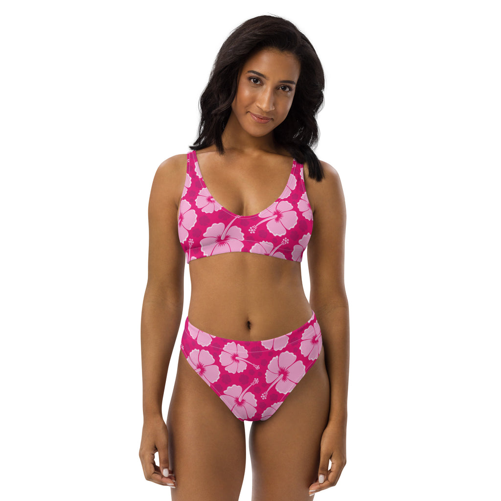 A vibrant pink women’s tropical hibiscus padded recycled bikini set with quick drying fabric and UPF 50+ protection