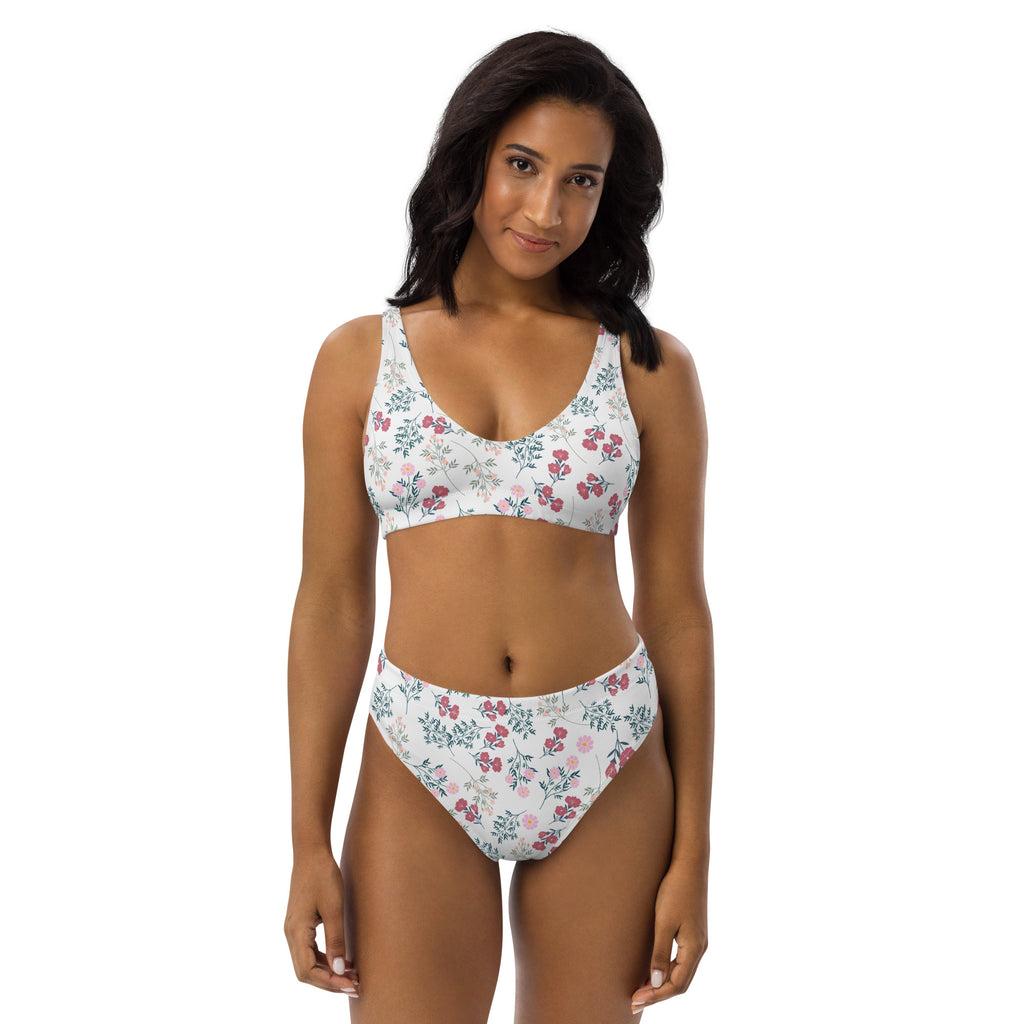 Women’s white vintage floral padded recycled bikini set with pink and green blossoms quick drying fabric upf 50+