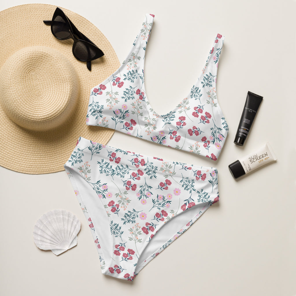 Women’s white vintage floral padded two-piece bikini set made from recycled fabric with upf 50+ quick drying features