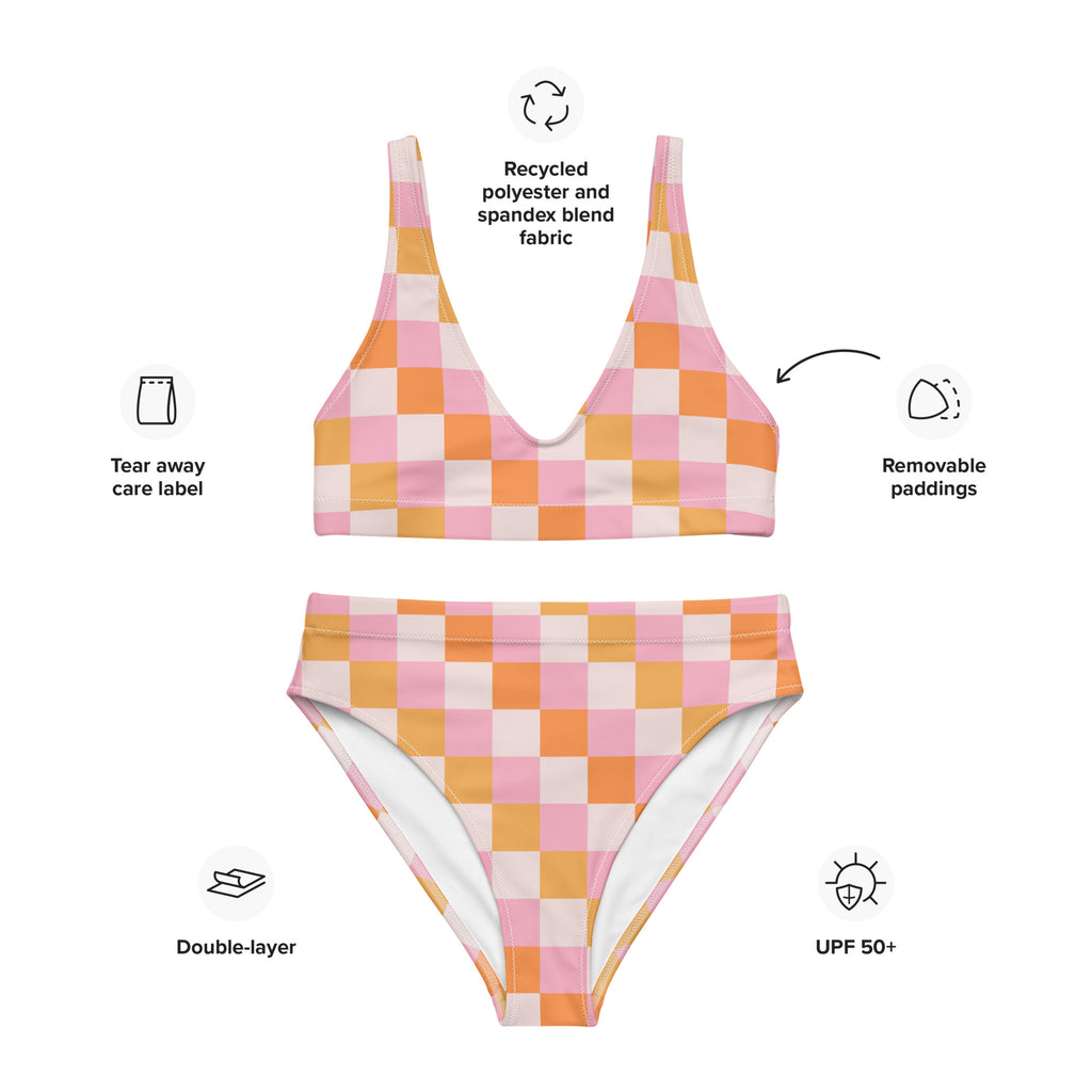 Women's Pastel Pink & Orange Checkerboard Padded Recycled Bikini - Quick Drying Fabric With UPF 50+