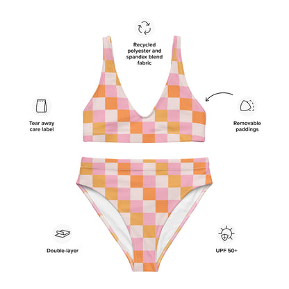 Women's Pastel Pink & Orange Checkerboard Padded Recycled Bikini - Quick Drying Fabric With UPF 50+