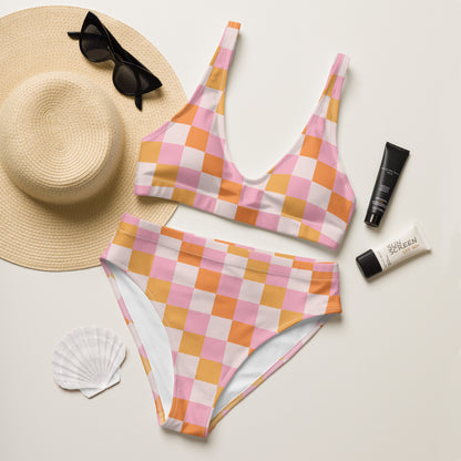 Women's Pastel Pink & Orange Checkerboard Padded Recycled Bikini - Quick Drying Fabric With UPF 50+