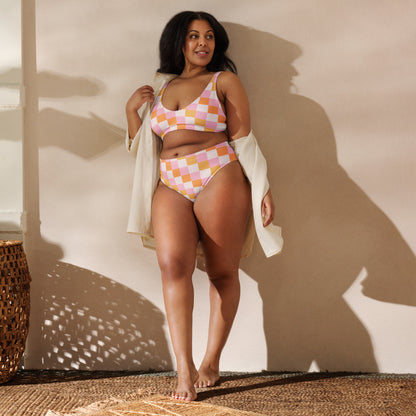 Women's Pastel Pink & Orange Checkerboard Padded Recycled Bikini - Quick Drying Fabric With UPF 50+