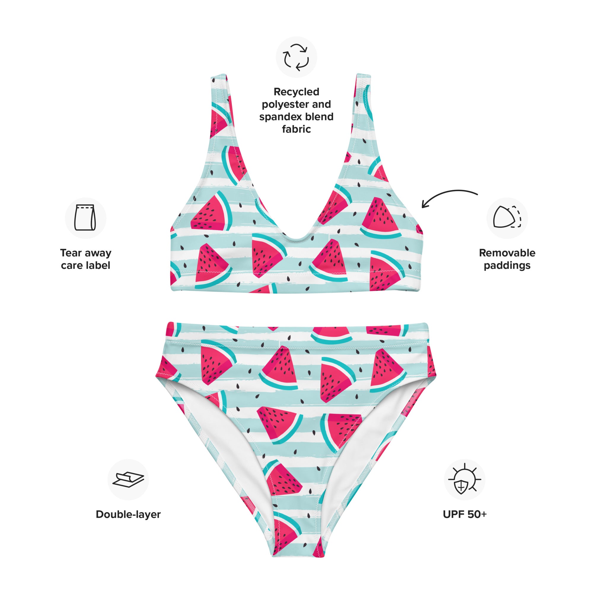 Women's Watermelon Print Padded Recycled Bikini - Quick Drying Fabric With UPF 50+