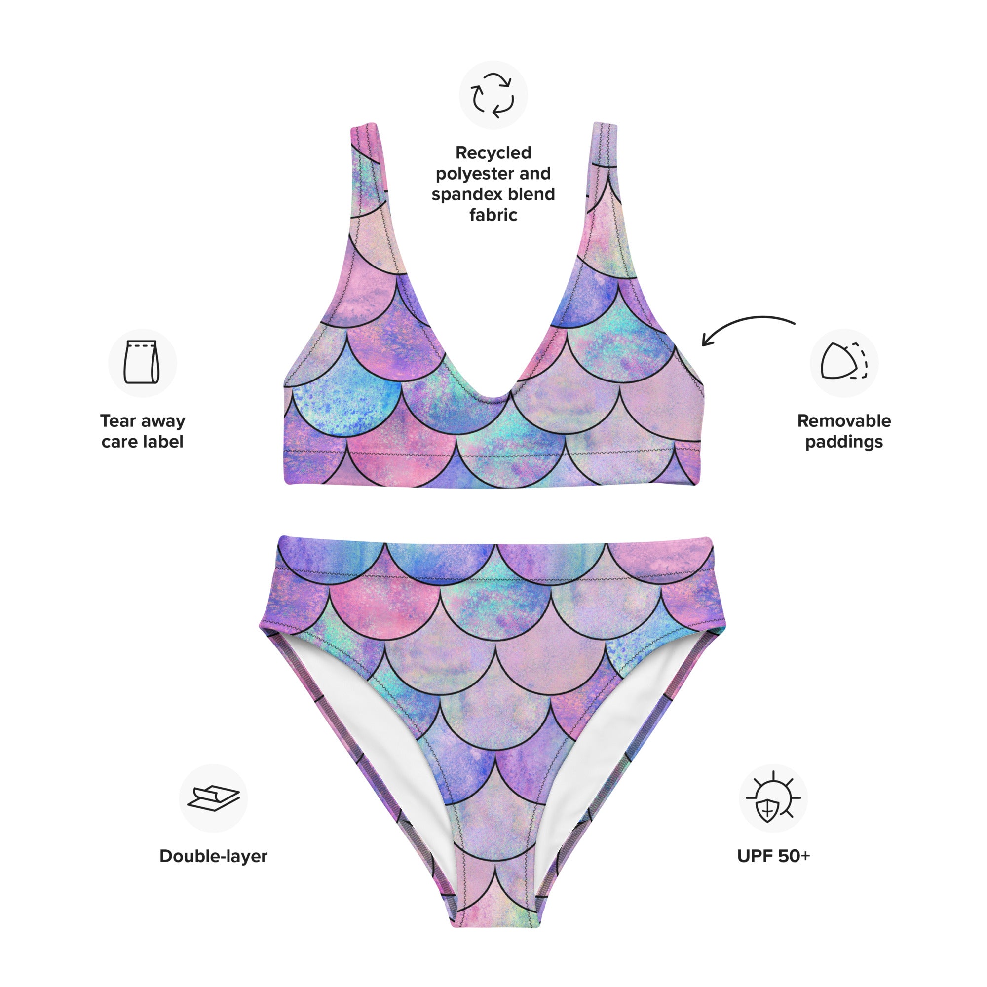 Women's Pastel Mermaid Scales Padded Recycled Bikini - Quick Drying Fabric With UPF 50+