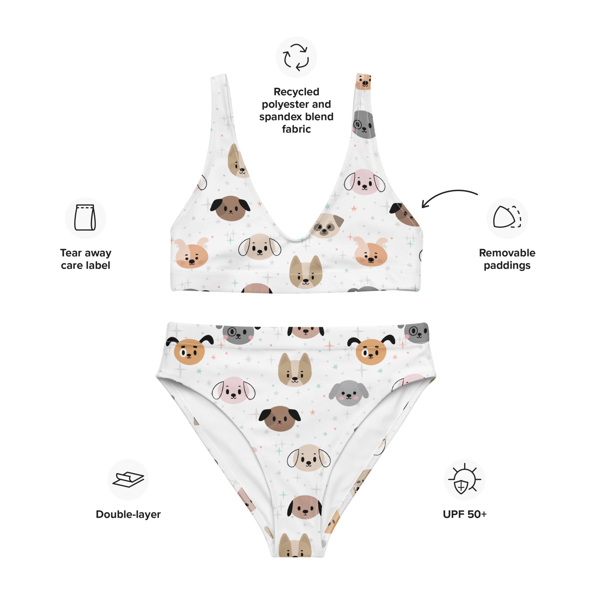 Women's Dog Face Padded Recycled Bikini - Quick Drying Fabric With UPF 50+
