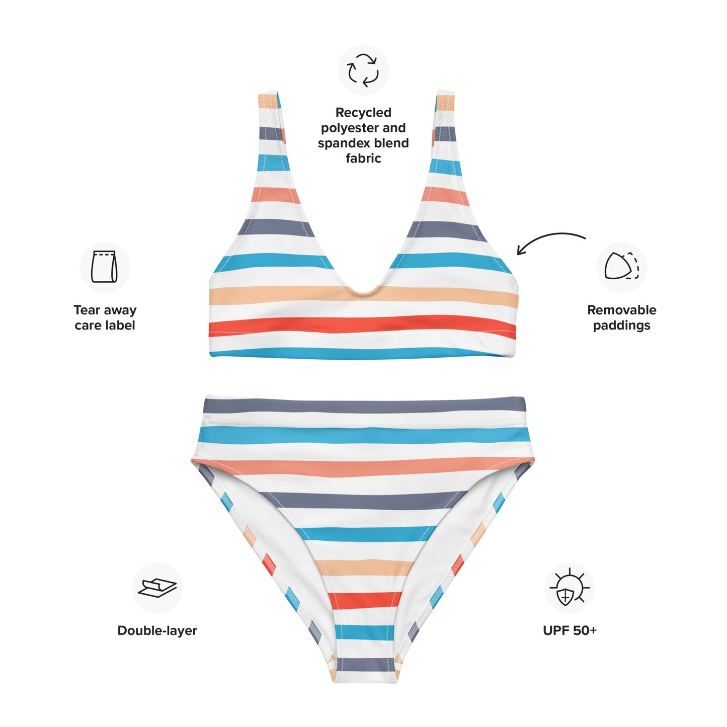 Women's Retro Striped Padded Recycled Bikini - Quick Drying Fabric With UPF 50+