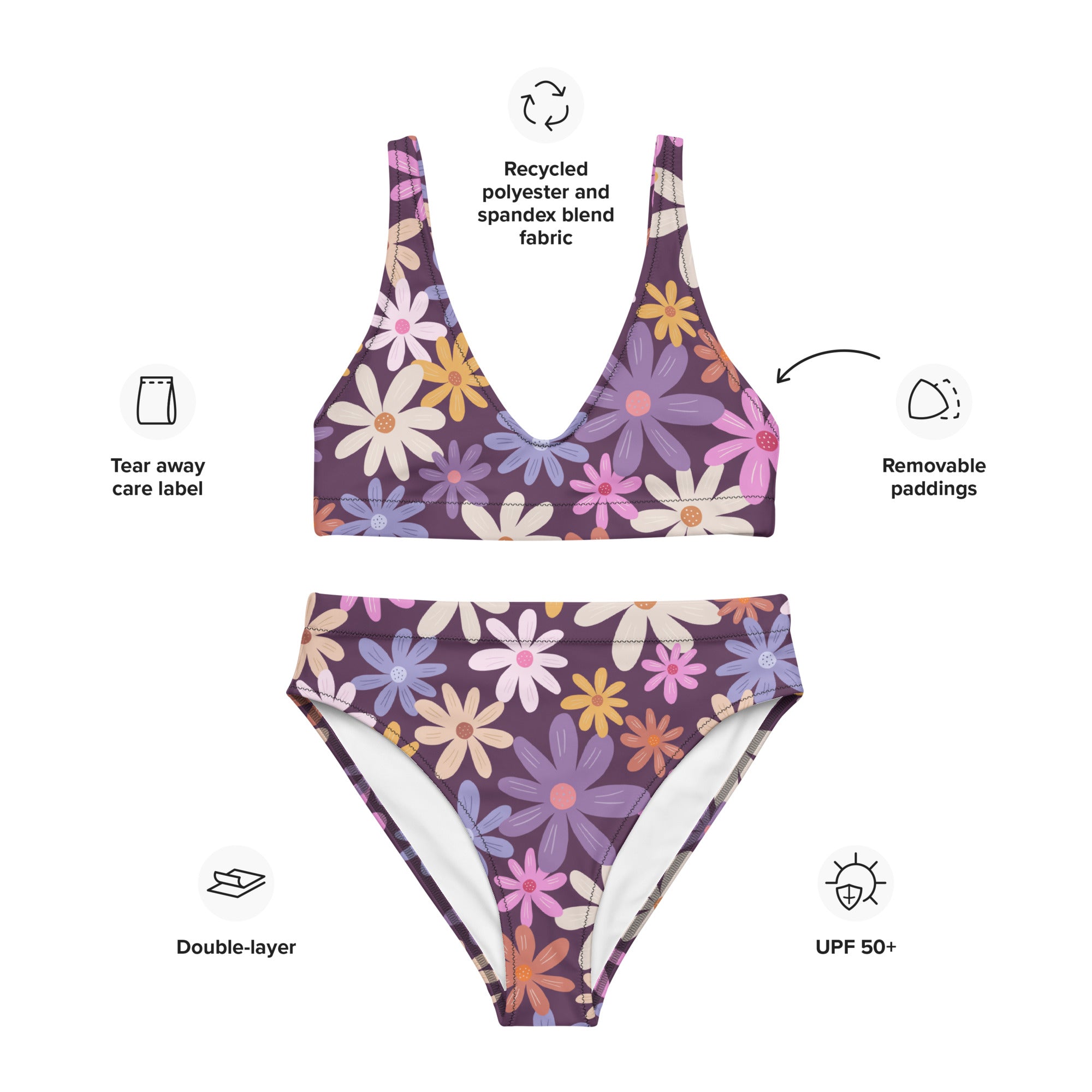 Women's Purple Retro Floral Padded Recycled Bikini - Quick Drying Fabric With UPF 50+