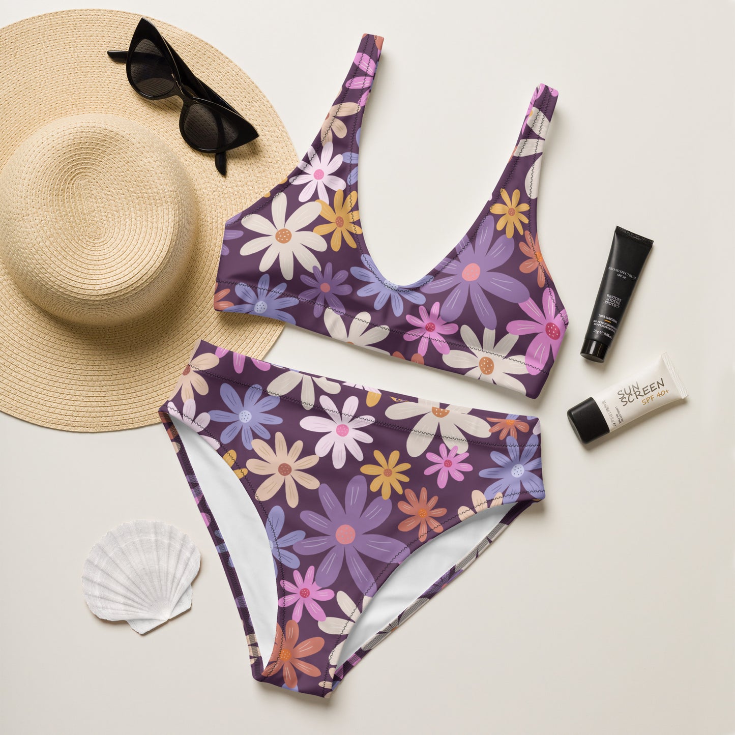 Women's Purple Retro Floral Padded Recycled Bikini - Quick Drying Fabric With UPF 50+