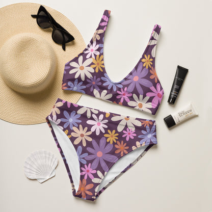 Women's Purple Retro Floral Padded Recycled Bikini - Quick Drying Fabric With UPF 50+