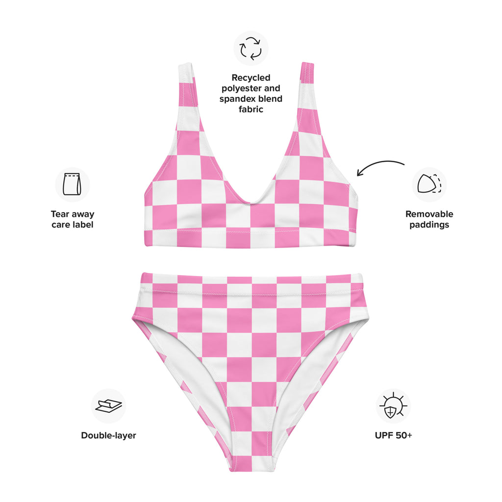 Women's Pink Checkerboard Padded Recycled Bikini - Quick Drying Fabric With UPF 50+