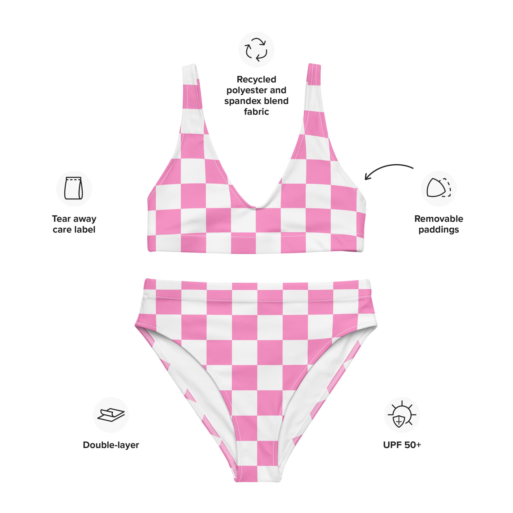 Women's Pink Checkerboard Padded Recycled Bikini - Quick Drying Fabric With UPF 50+