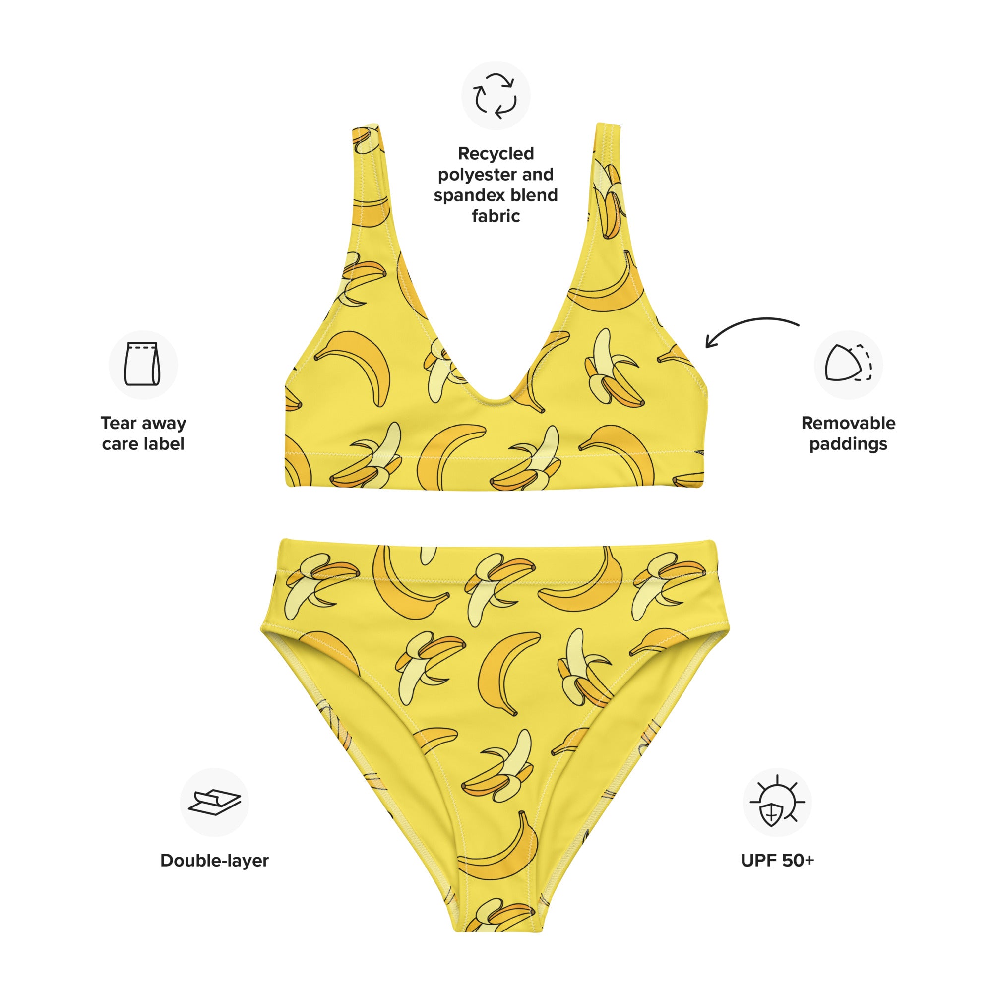 Women's Yellow Banana Padded Recycled Bikini - Quick Drying Fabric With UPF 50+