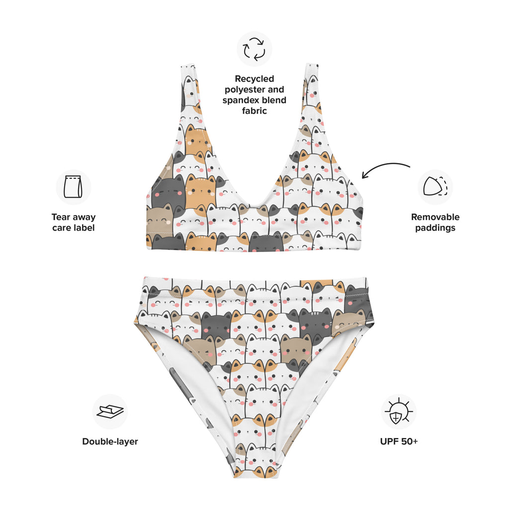 Women's Kawaii Cat Face Padded Recycled Bikini - Quick Drying Fabric With UPF 50+