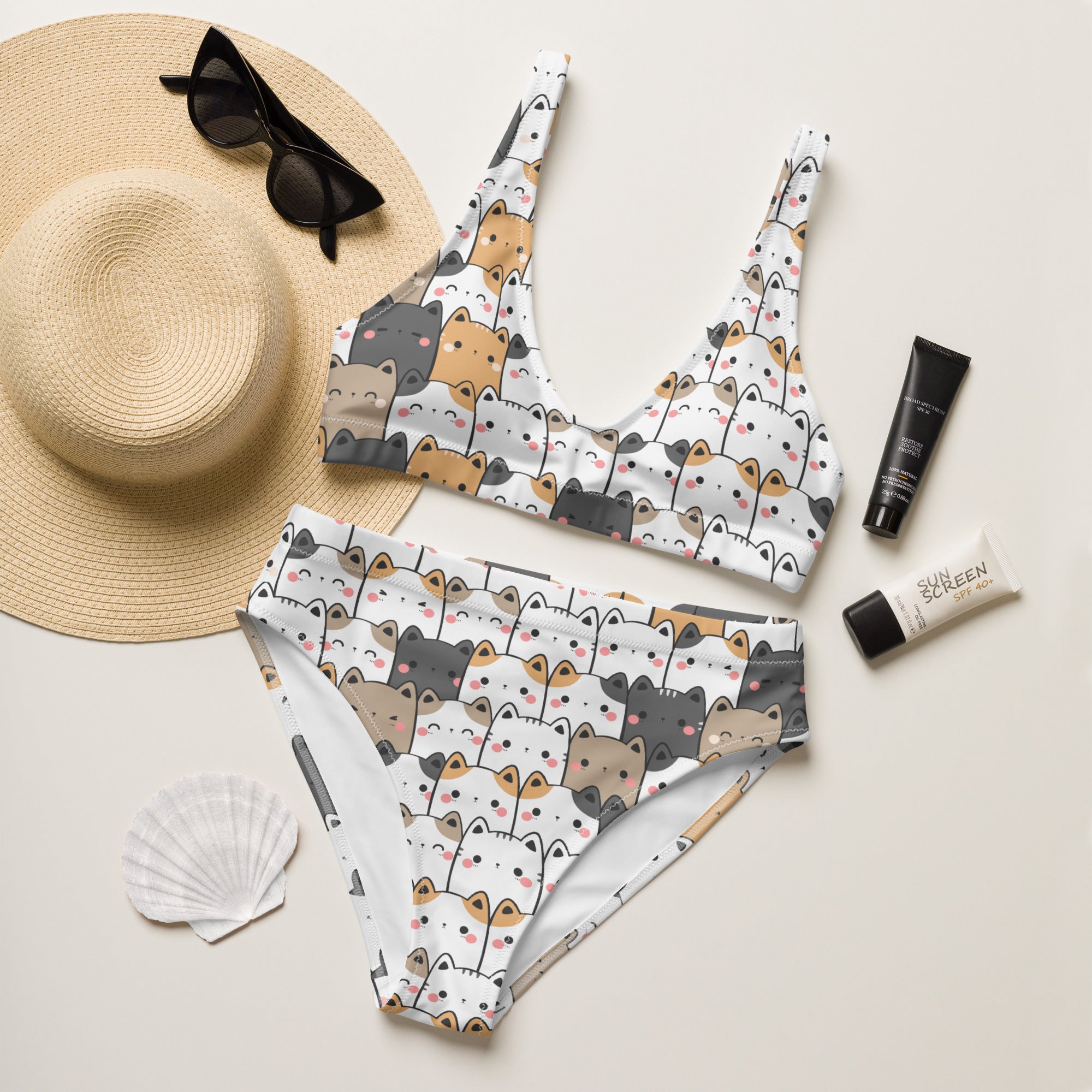 Women's Kawaii Cat Face Padded Recycled Bikini - Quick Drying Fabric With UPF 50+