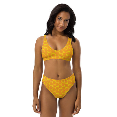 Yellow honeycomb padded two-piece bikini set made from recycled quick drying fabric with upf 50 plus protection