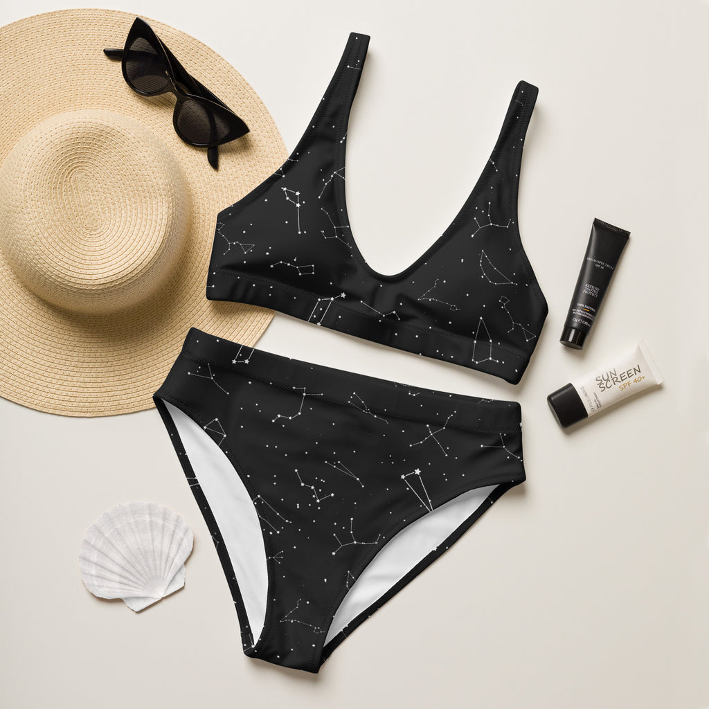 Women’s black bikini set with white constellation patterns padded recycled fabric quick drying upf 50 plus