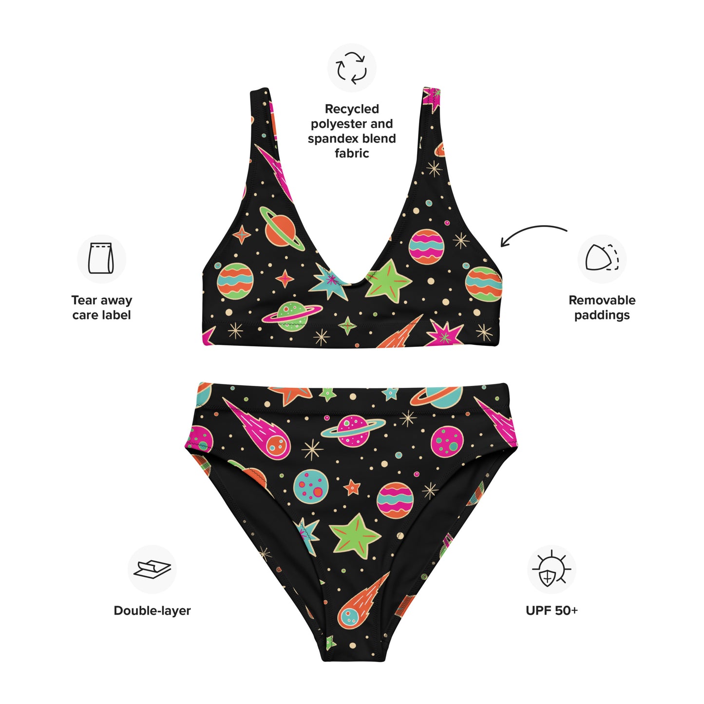 Women's Neon Space Print Padded Recycled Bikini - Quick Drying Fabric With UPF 50+