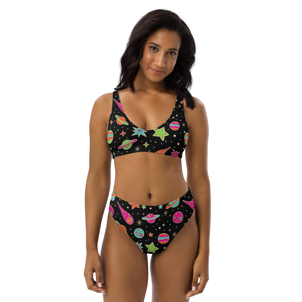 Black two-piece swimsuit with neon space print padded recycled fabric quick drying with upf 50 plus protection