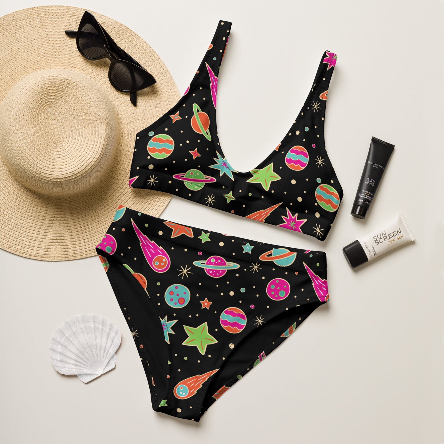 Women's Neon Space Print Padded Recycled Bikini - Quick Drying Fabric With UPF 50+