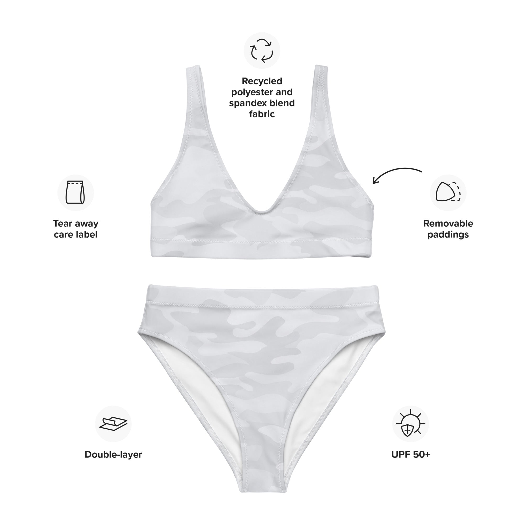 Women's White Camouflage Padded Recycled Bikini - Quick Drying Fabric With UPF 50+