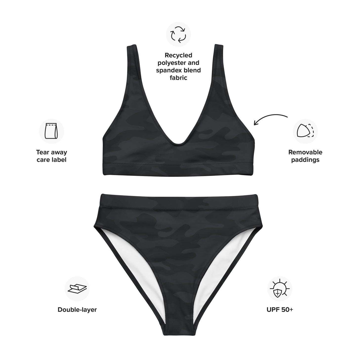 Women's Black Camouflage Padded Recycled Bikini - Quick Drying Fabric With UPF 50+