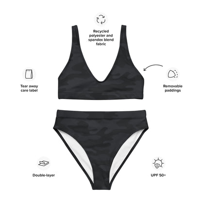 Women's Black Camouflage Padded Recycled Bikini - Quick Drying Fabric With UPF 50+