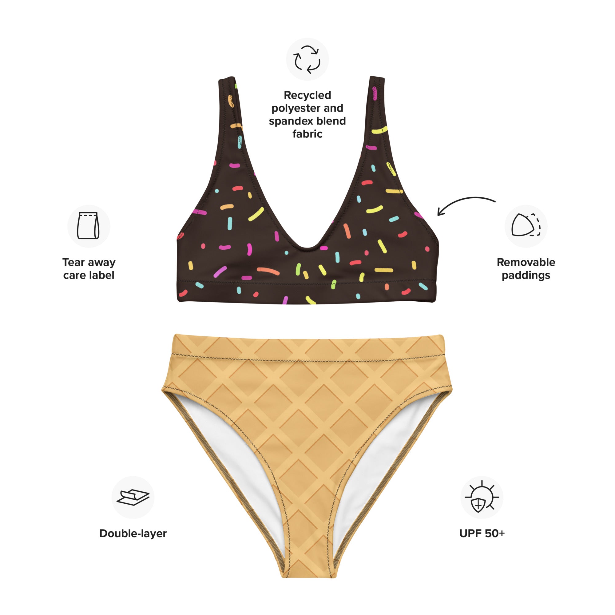 Women's Chocolate Ice Cream Cone Padded Recycled Bikini - Quick Drying Fabric With UPF 50+