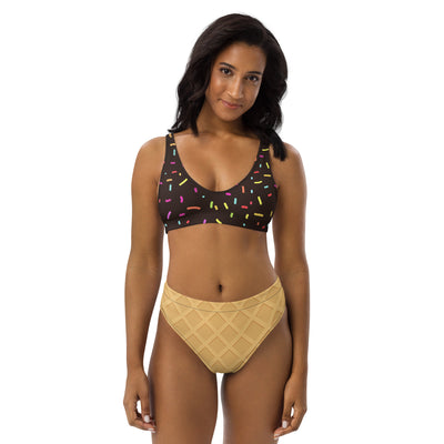 Women’s chocolate ice cream cone two-piece swimsuit with colorful sprinkle print top and quilted beige quick-dry bottom